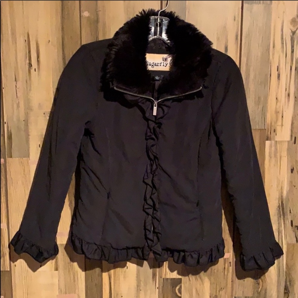 kids black jacket with faux fur around the neck